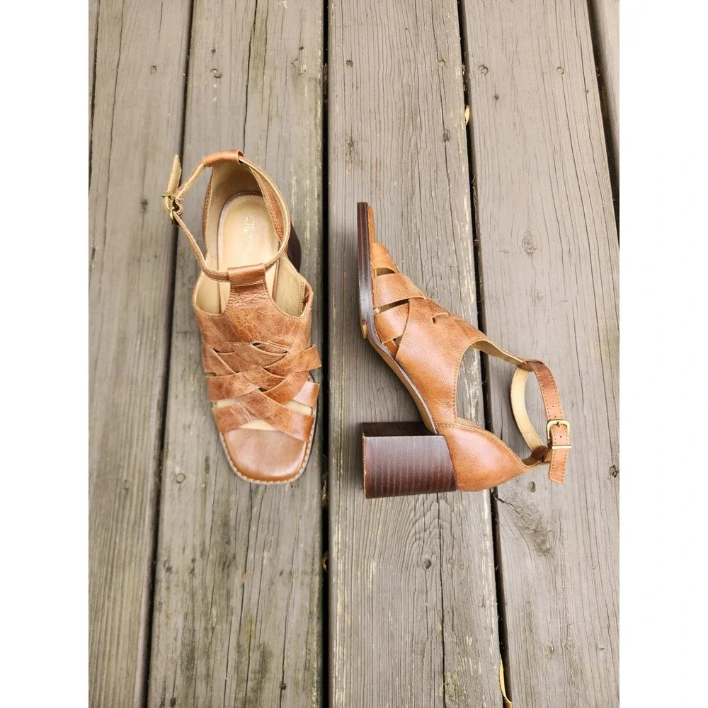 Crown Vintage Binita Caged Block Heel Sandals Tan Leather Square Toe 8.5M